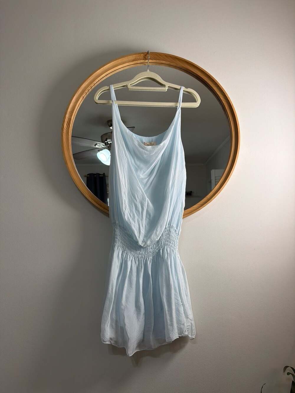NWOT Sosia Made in Italy‎ Light Blue Silk-Like Smocked Waist Cami Romper